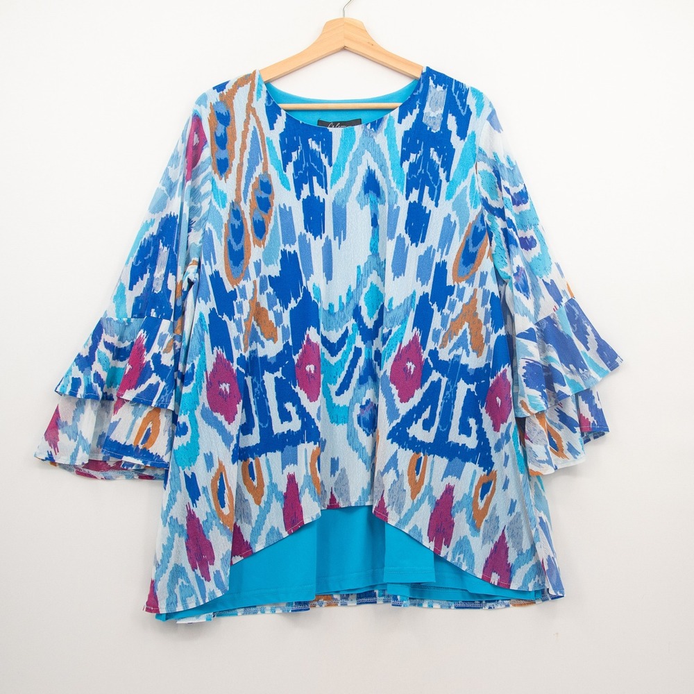 Calessa Ikat Tunic Blouse Women XL Blue Tiered Bell Sleeve Boho Artsy Resort